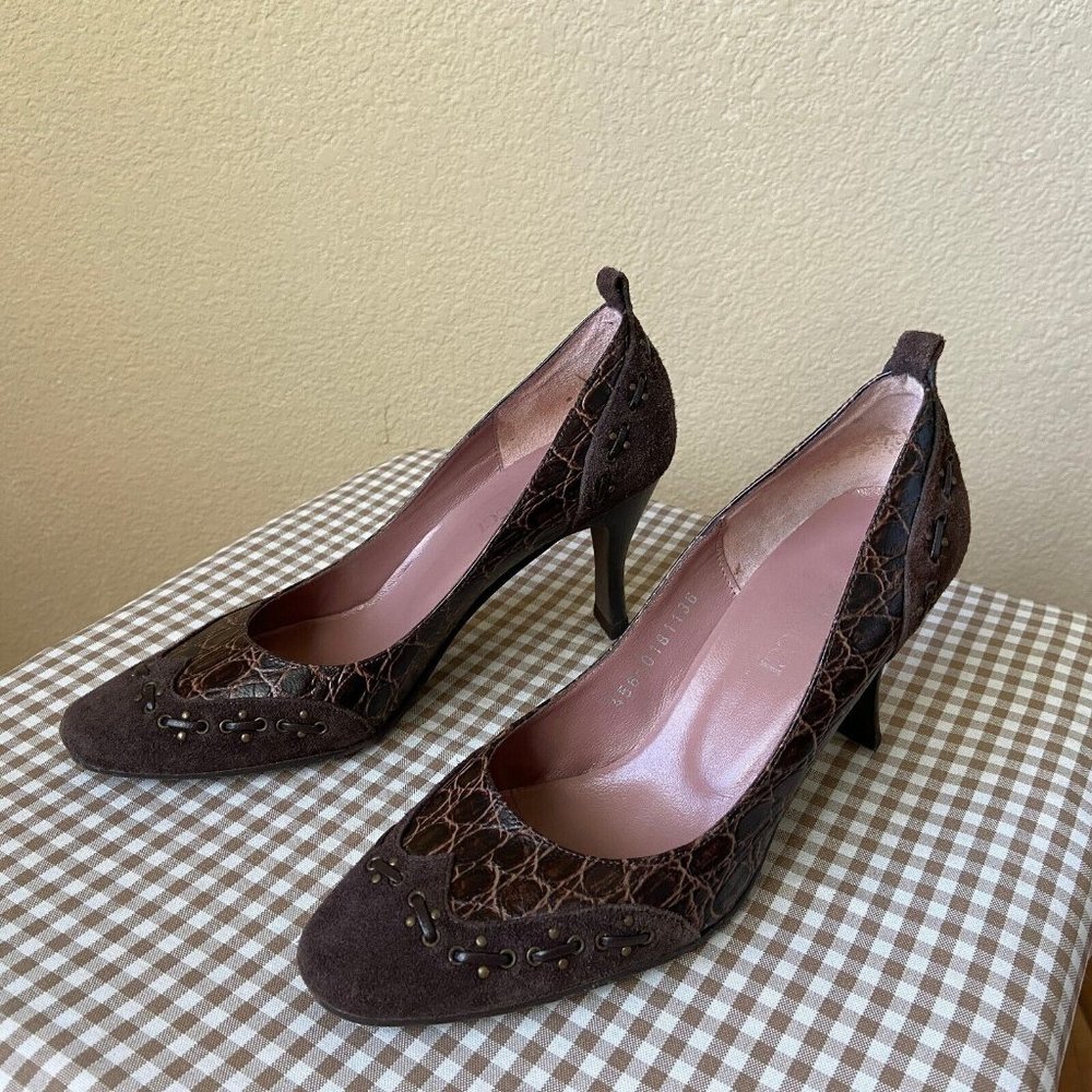 Fiorucci Leather Heel Croc Pattern Suede Pump Brown Size: 36 (US:6)